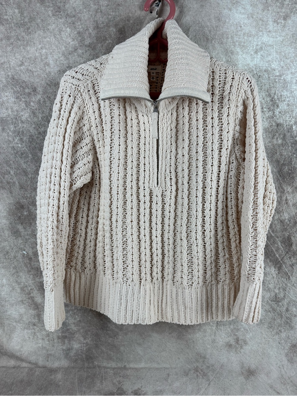 aerie Cream Cable Half-Zip Cowl Sweater xxs Back to School